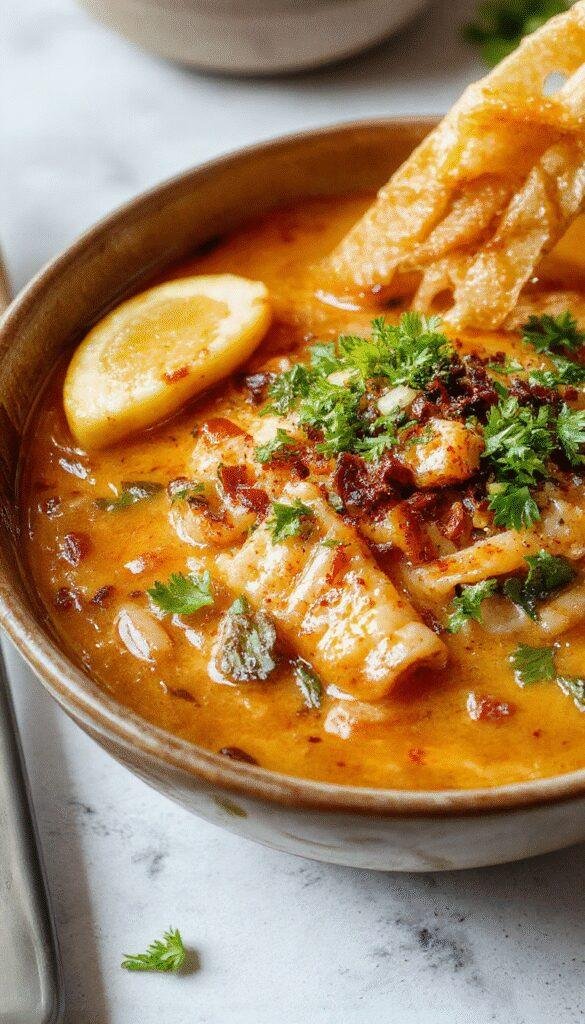 A steaming bowl of vegan saucy ramen topped with fresh scallions, nori, and sesame seeds, served on a wooden table for a quick weeknight meal.