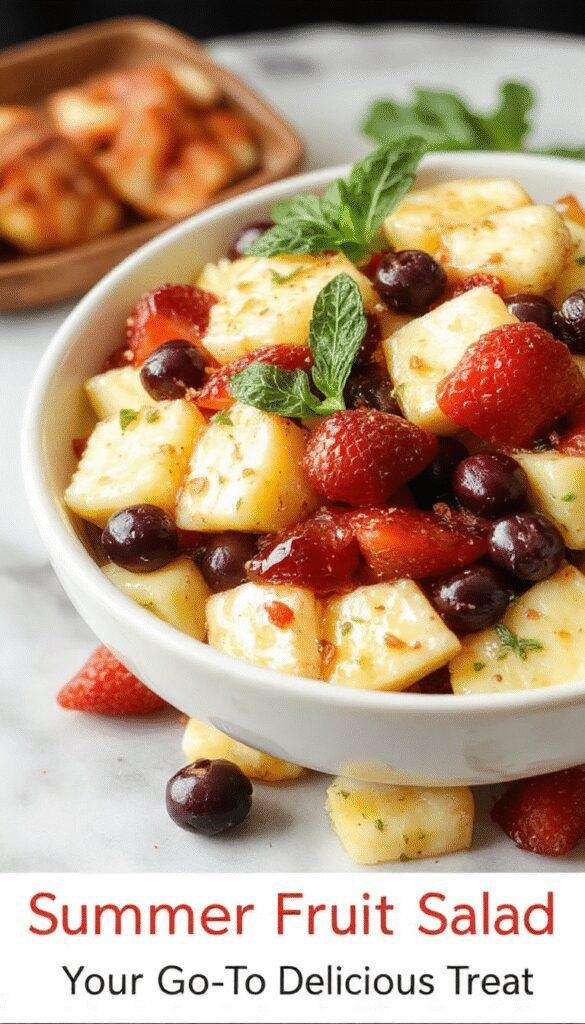A colorful summer fruit salad in a glass bowl with sliced strawberries, blueberries, pineapple chunks, and kiwi slices garnished with mint leaves