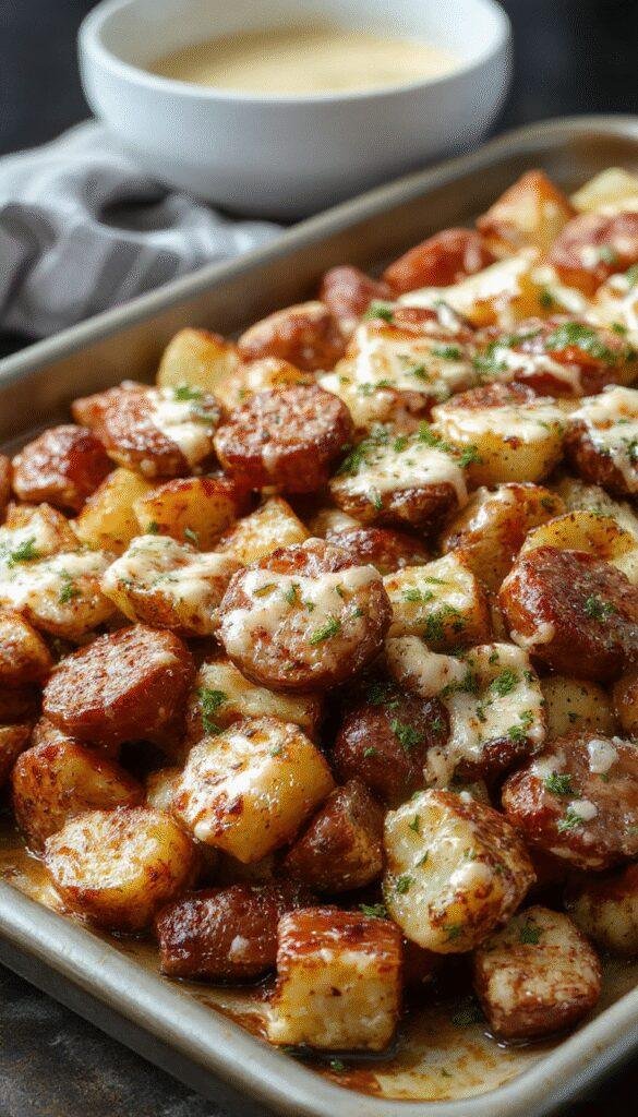 A colorful sheet pan featuring crispy cheesy ranch potatoes with sliced smoked sausage, garnished with fresh herbs.