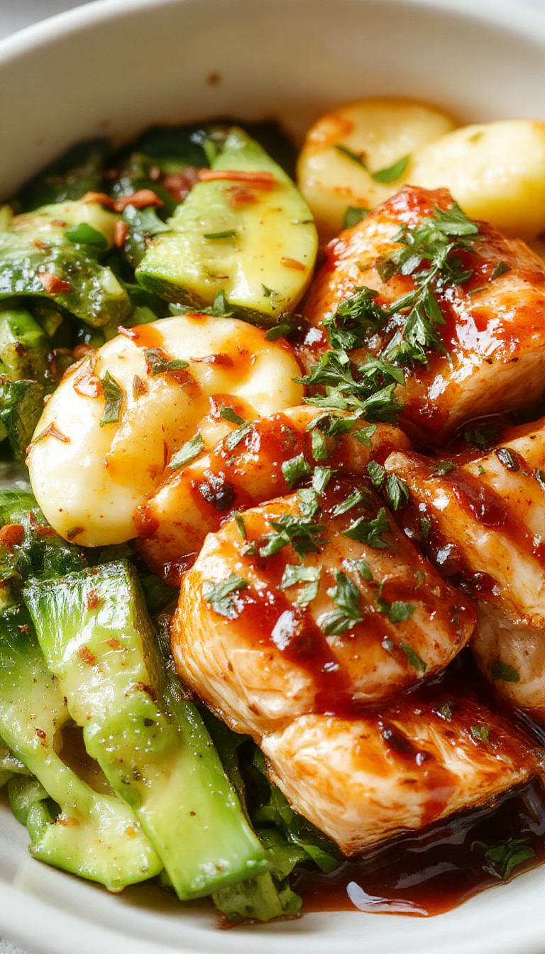 A vibrant salmon bowl with spicy honey Sriracha glaze, topped with fresh vegetables and garnished with sesame seeds.