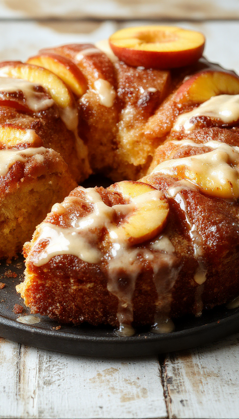 A vibrant peach cake topped with caramelized brown sugar slices and fresh peach slices, surrounded by summer flowers.