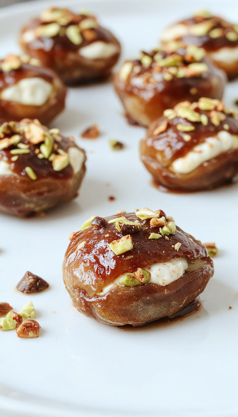 A close-up of plump dates filled with creamy ricotta cheese, topped with crushed pistachios and drizzled with honey, on a rustic wooden platter.