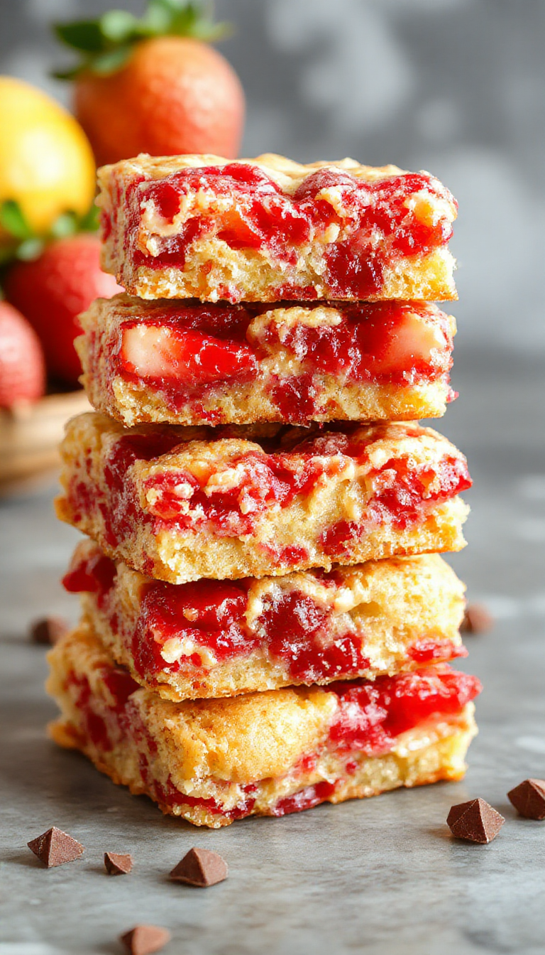 A tray of vibrant strawberry lemon blondies garnished with fresh strawberries and lemon zest, showcasing their golden, fudgy texture.