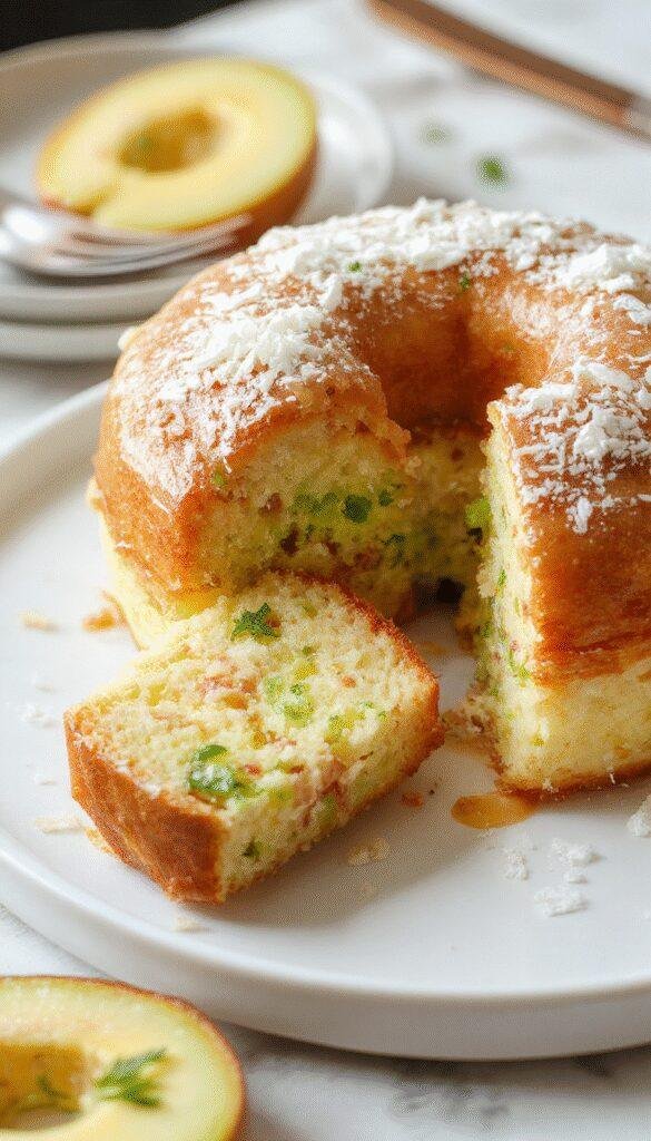A vibrant tropical pandan coconut cake sliced open, revealing layers of green pandan and white coconut filling, garnished with fresh tropical fruits on a decorative plate.
