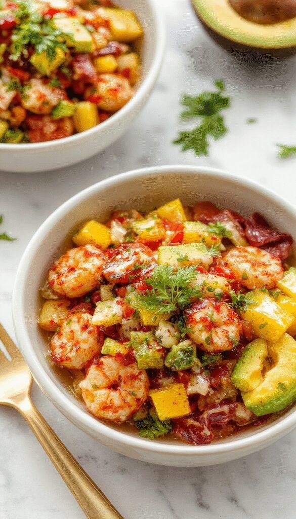 Colorful tropical shrimp and avocado mango salsa bowls garnished with fresh herbs on a vibrant plate.