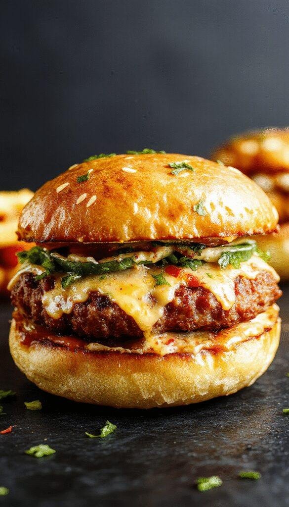 A juicy cheeseburger with crispy bacon, melted cheese, fresh lettuce, and tomato on a toasted bun, served with crispy fries on the side.