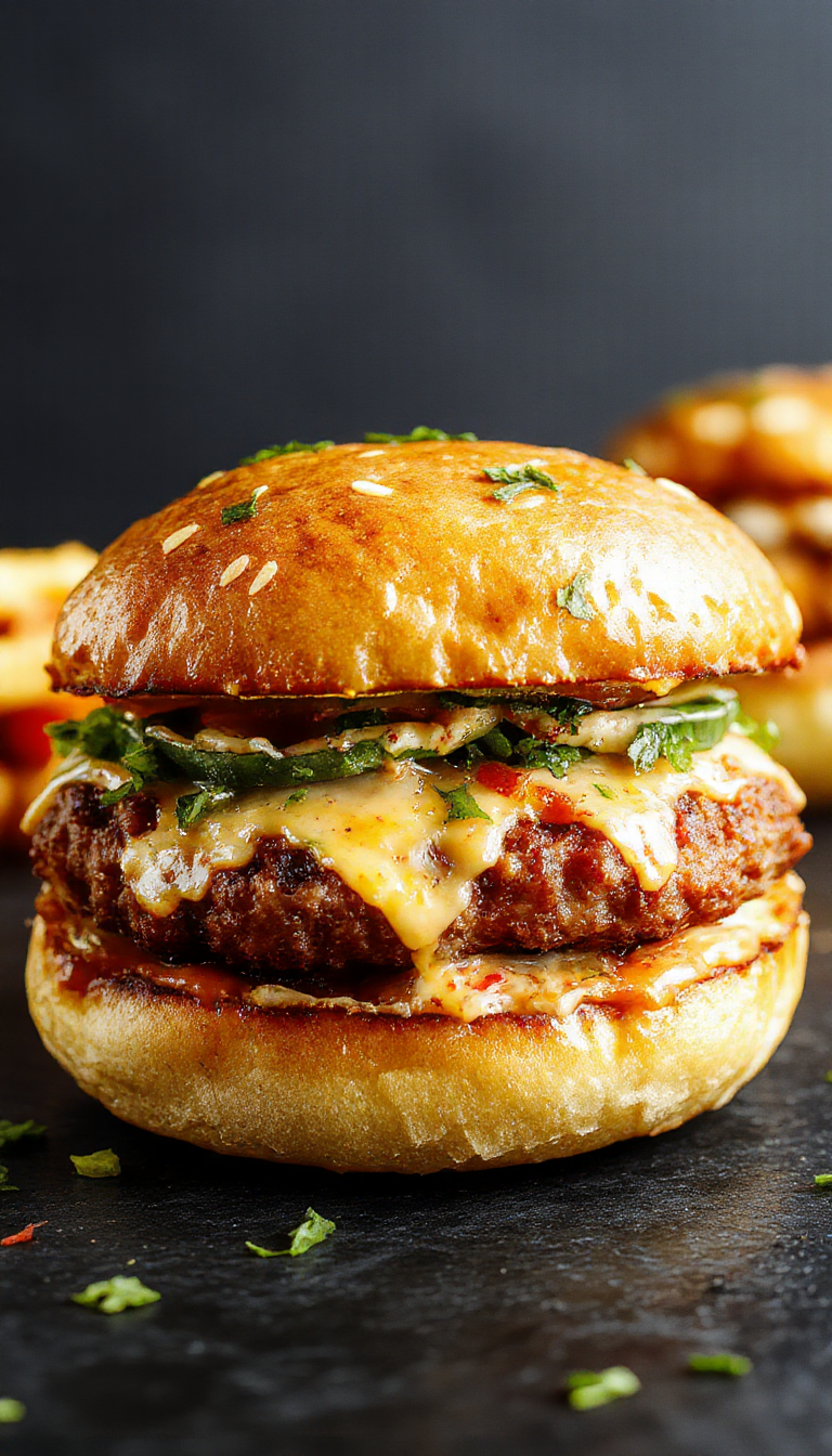 A juicy cheeseburger with crispy bacon, melted cheese, fresh lettuce, and tomato on a toasted bun, served with crispy fries on the side.