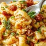 A delicious baked pasta dish with ground turkey, melted cheese, and herbs, served in a rustic casserole dish garnished with fresh basil.