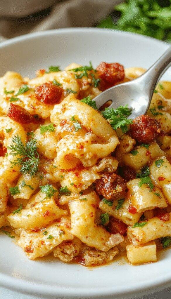A delicious baked pasta dish with ground turkey, melted cheese, and herbs, served in a rustic casserole dish garnished with fresh basil.
