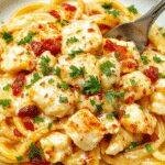 A plate of creamy cowboy butter chicken linguine garnished with herbs and served with a side of fresh vegetables