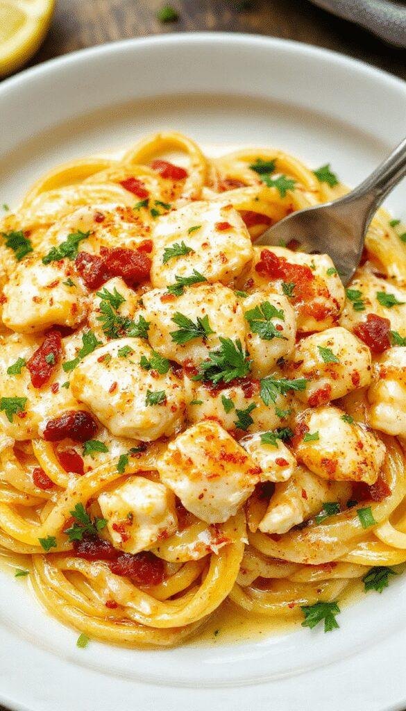 A plate of creamy cowboy butter chicken linguine garnished with herbs and served with a side of fresh vegetables