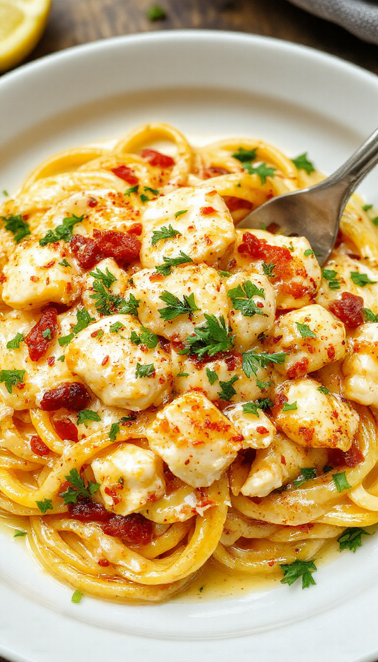 A plate of creamy cowboy butter chicken linguine garnished with herbs and served with a side of fresh vegetables