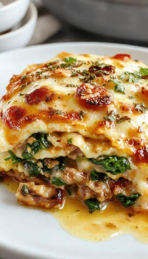 A Delicious Plate of Ultimate Creamy Mushroom & Spinach Lasagna with melted cheese and herbs, garnished with fresh parsley.