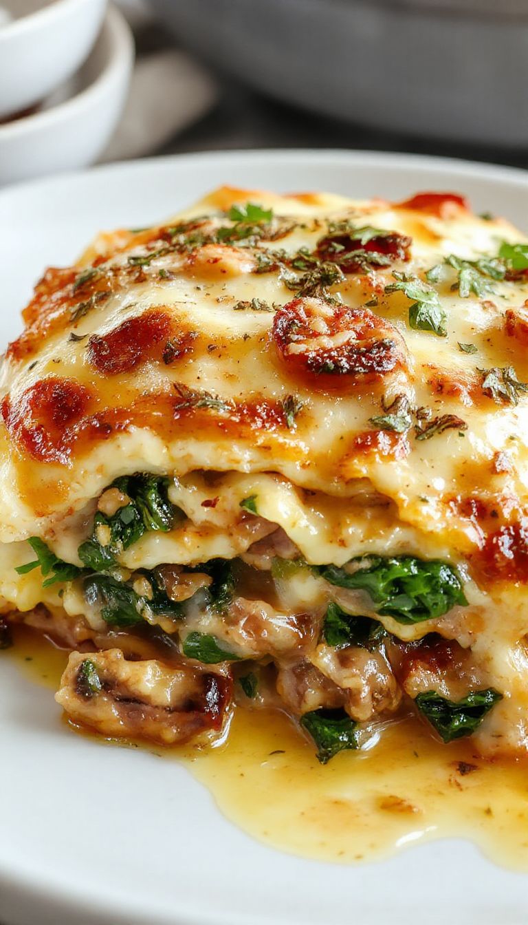 A Delicious Plate of Ultimate Creamy Mushroom & Spinach Lasagna with melted cheese and herbs, garnished with fresh parsley.