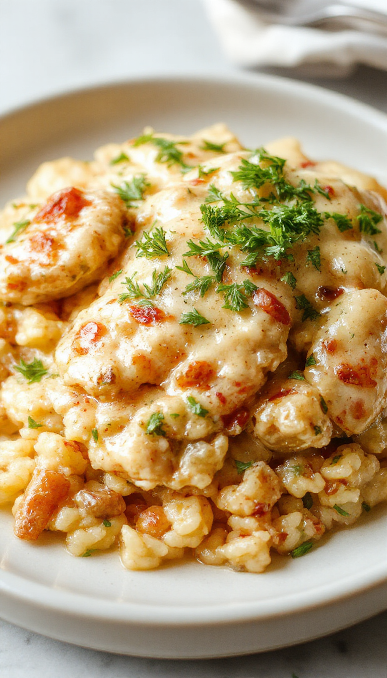A plate of Ultimate Creamy Smothered Chicken and Rice featuring tender chicken thighs topped with creamy gravy, served alongside fluffy rice with fresh herbs.