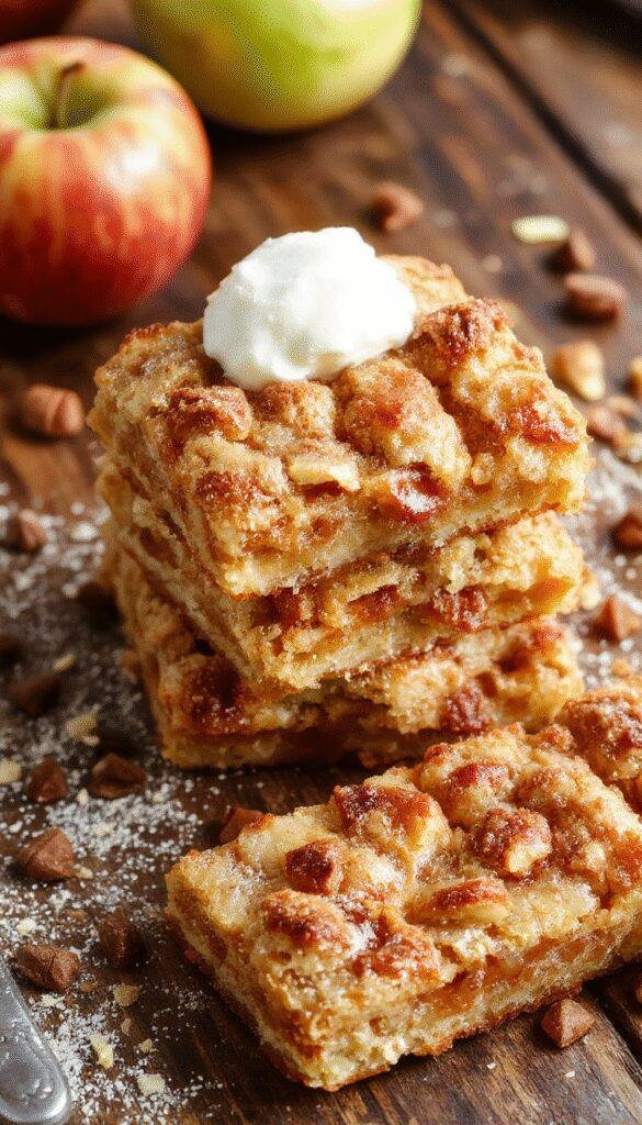 A tray of Ultimate Fall Apple Crisp Shortbread Bars with golden crust, topped with caramelized apple slices and a sprinkle of cinnamon, inviting and warm.