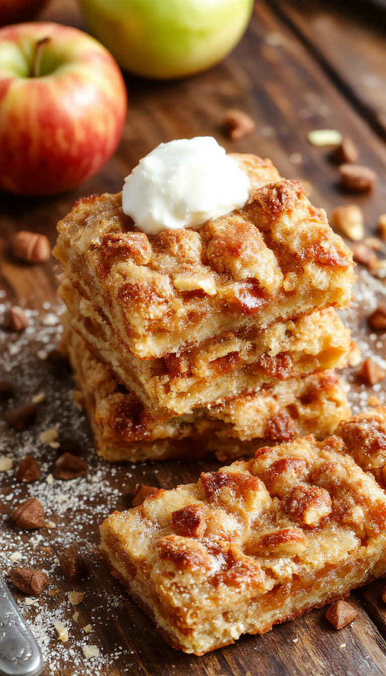 A tray of Ultimate Fall Apple Crisp Shortbread Bars with golden crust, topped with caramelized apple slices and a sprinkle of cinnamon, inviting and warm.