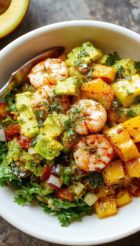 Colorful shrimp and avocado bowls topped with fresh mango salsa, set on a bright summer table with tropical accents.