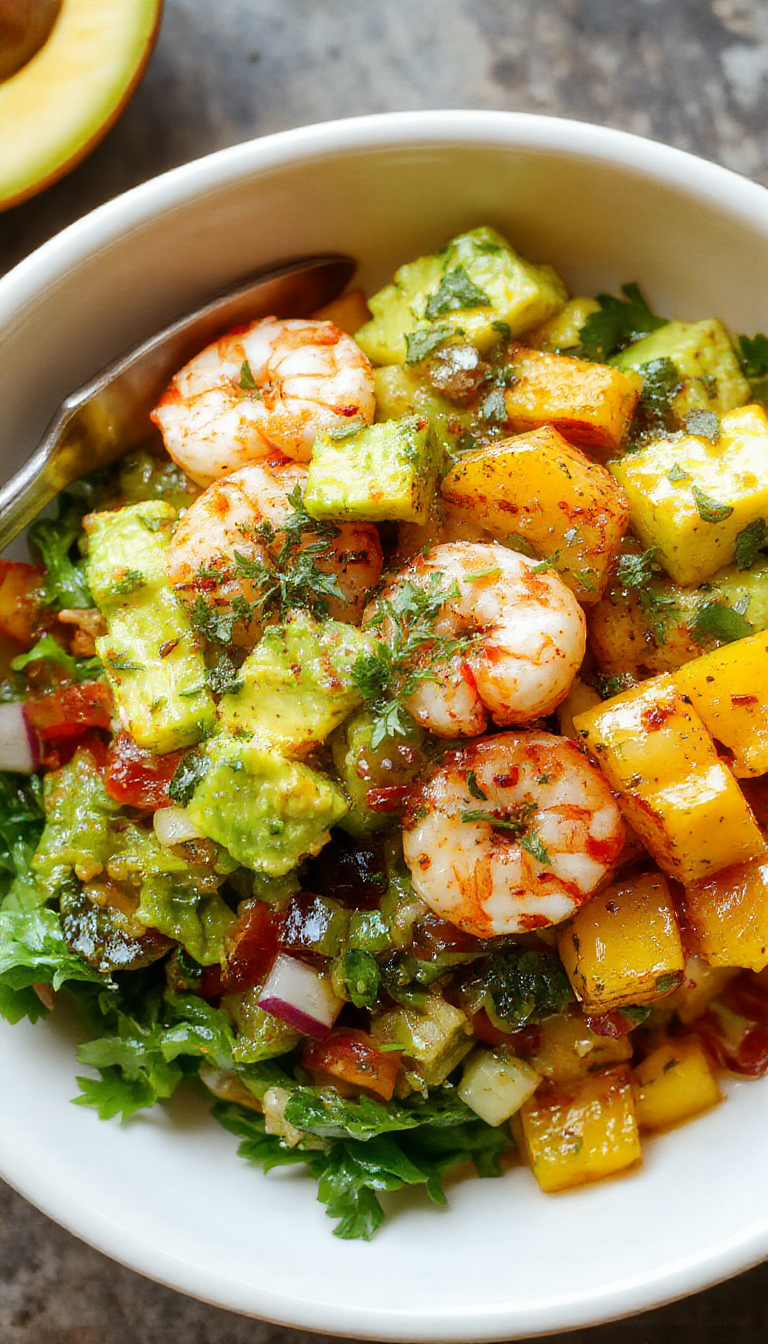 Colorful shrimp and avocado bowls topped with fresh mango salsa, set on a bright summer table with tropical accents.