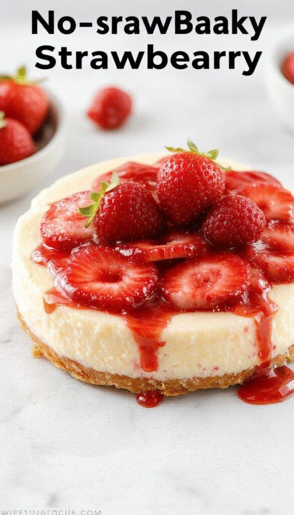 A slice of viral no-bake strawberry cheesecake garnished with fresh strawberries and mint, showcasing its creamy texture and vibrant red topping.
