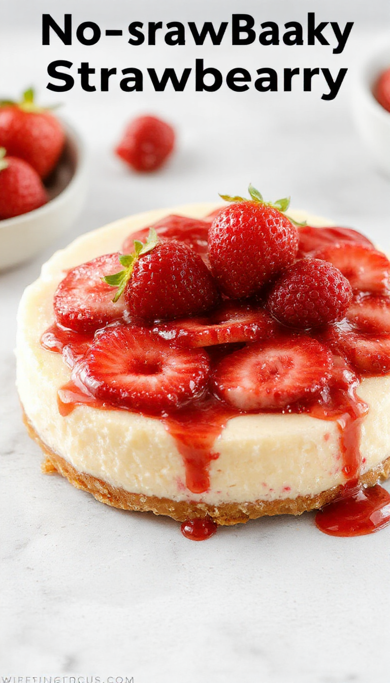 A slice of viral no-bake strawberry cheesecake garnished with fresh strawberries and mint, showcasing its creamy texture and vibrant red topping.