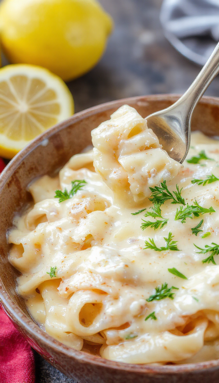 A bowl of Zesty Homemade Lemon Alfredo surrounded by fresh basil and lemon slices, showcasing creamy pasta with bright citrus accents.