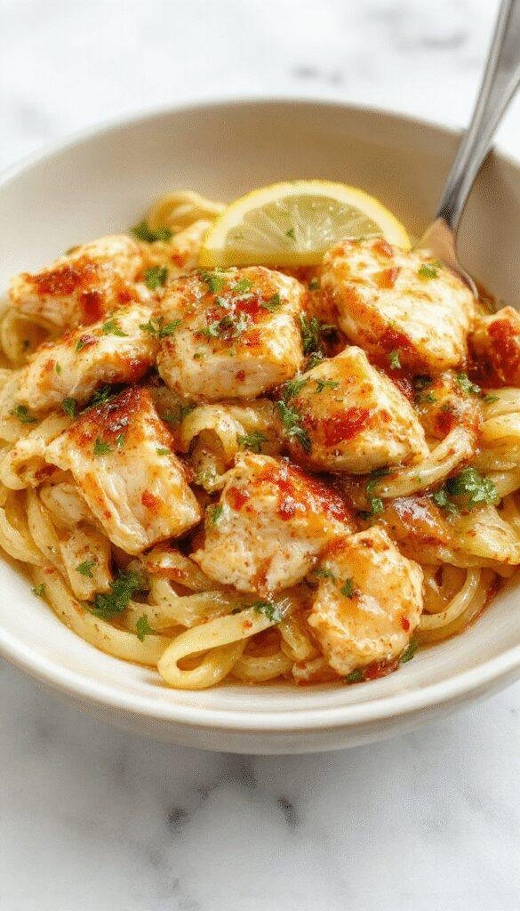 A vibrant plate of Zesty Lemon Chicken Pasta with grilled chicken pieces, fresh lemon slices, and garnished herbs on a white dinner plate.
