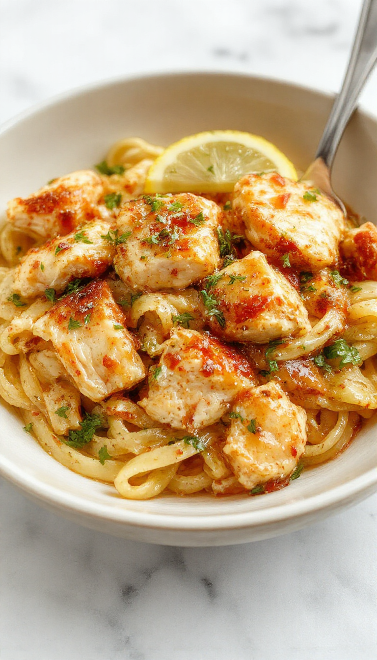 A vibrant plate of Zesty Lemon Chicken Pasta with grilled chicken pieces, fresh lemon slices, and garnished herbs on a white dinner plate.