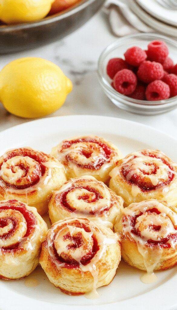 A plate of freshly baked Zesty Lemon Raspberry Cinnamon Rolls topped with a drizzle of glaze, showcasing vibrant raspberries and lemon zest.