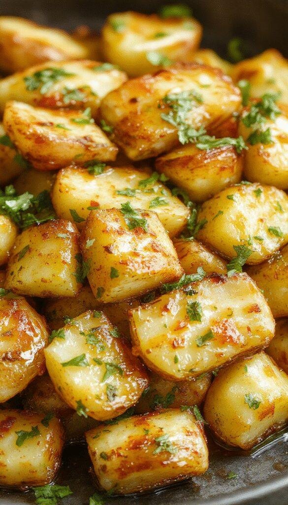 A vibrant plate of Zesty Mexican Potatoes garnished with fresh cilantro, served alongside lime wedges and colorful vegetables.