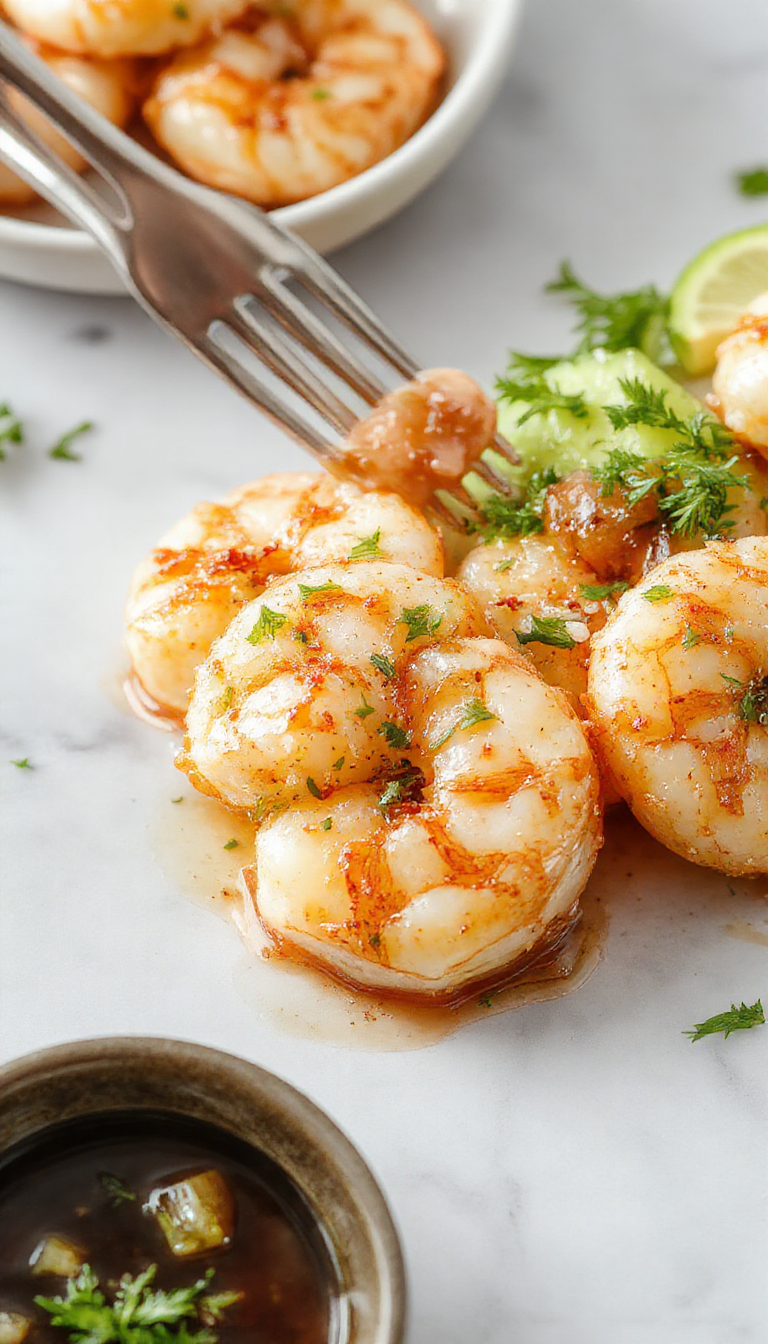 Colorful plate of honey garlic shrimp garnished with chopped green onions and sesame seeds, glazed with a shiny, golden honey sauce, served on a white ceramic dish