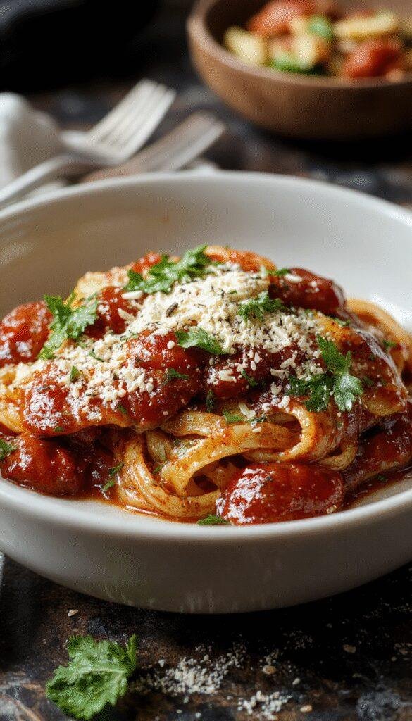 A beautifully arranged plate featuring seven different Italian pasta sauces, each showcasing vibrant colors and rich textures.