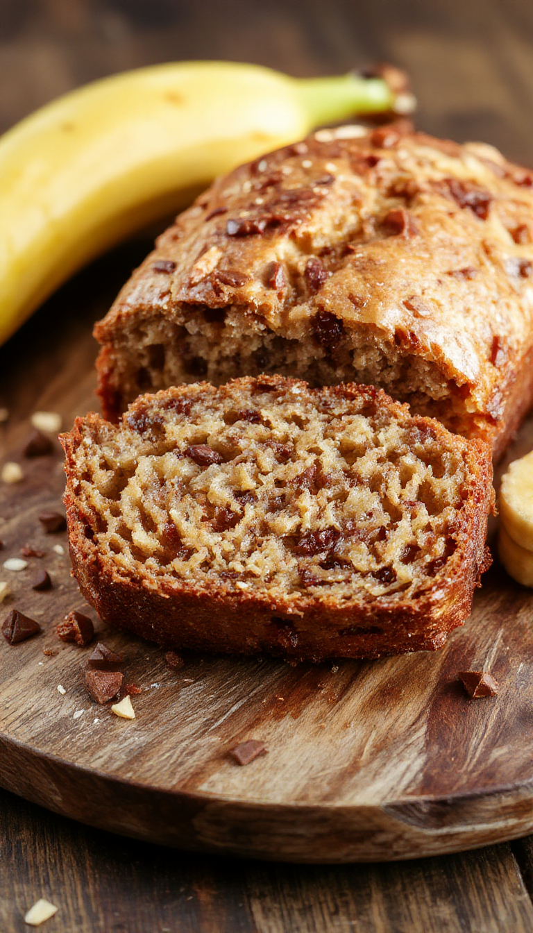 A freshly sliced banana bread loaf with a golden crust, showcasing its moist interior dotted with ripe banana pieces and topped with a sprinkle of nuts.