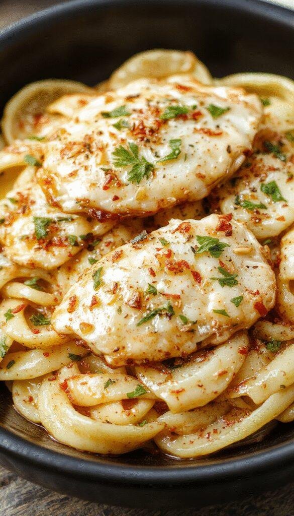 A plate of Honey Pepper Chicken Pasta garnished with fresh herbs, showcasing tender chicken pieces, spiraled pasta, and a glossy honey pepper sauce.