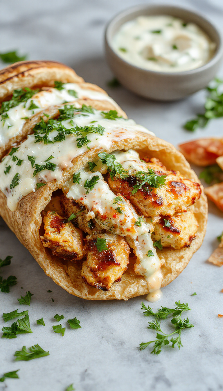 A vibrant Greek gyro platter featuring sliced grilled chicken, creamy feta cheese, fresh vegetables, and a side of Tzatziki sauce on traditional Greek dishes.