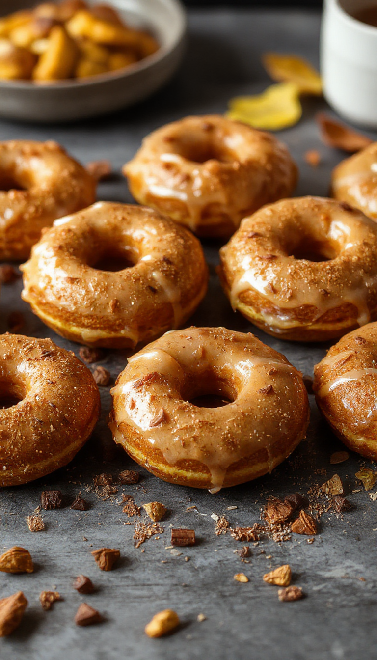 A plate of freshly baked autumn-inspired pumpkin donuts topped with a sprinkle of cinnamon and powdered sugar, surrounded by colorful fall leaves.