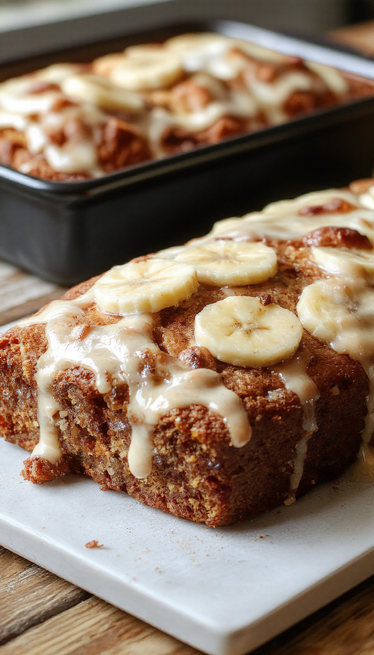 Golden baked banana bread with a moist interior and a slightly crispy crust, garnished with banana slices and a dusting of powdered sugar.