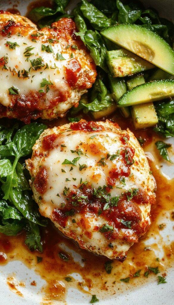 Golden baked chicken parmesan topped with melted cheese and marinara sauce, garnished with fresh basil on a plate.