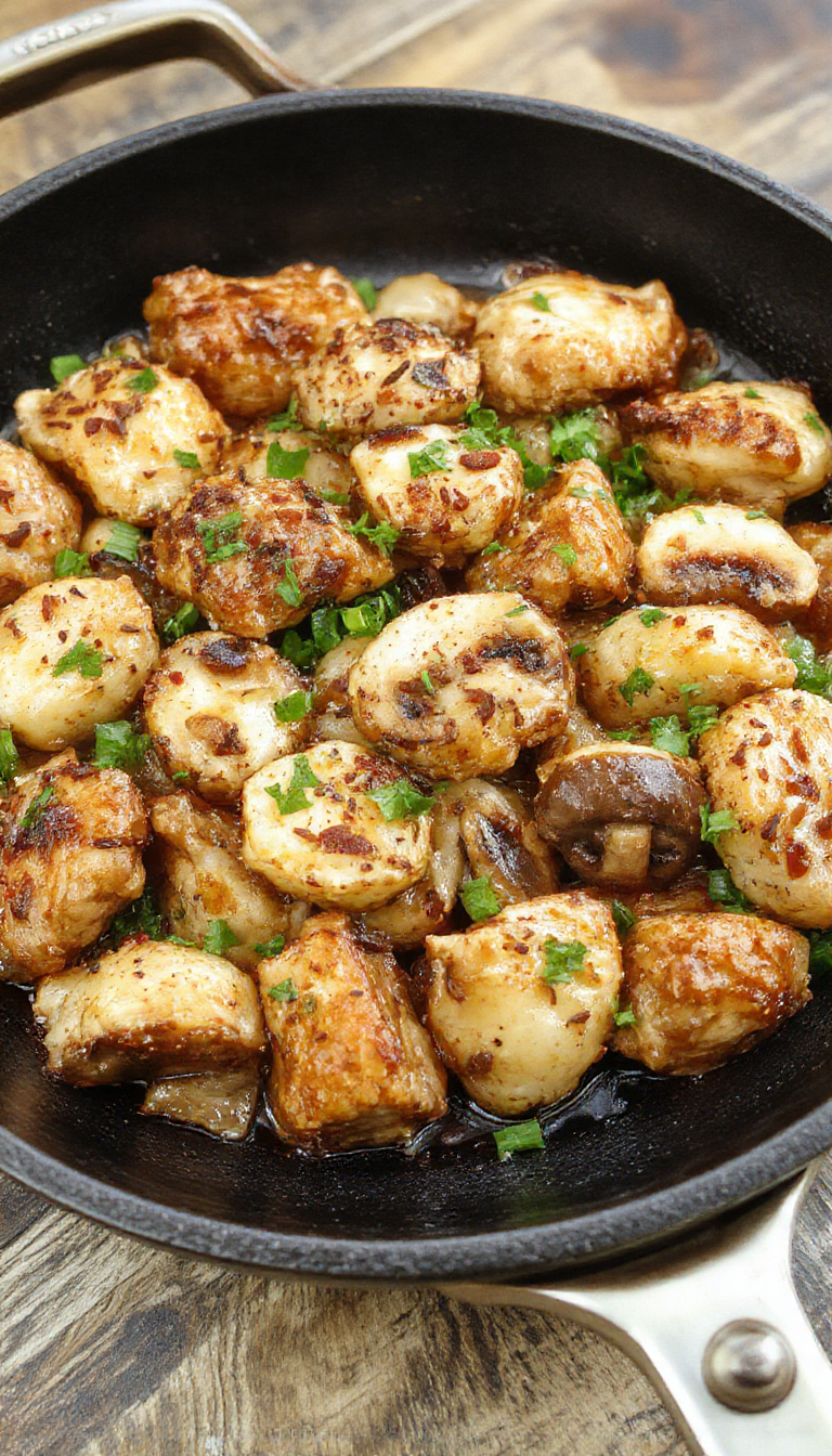 A vibrant stir-fry featuring tender chicken pieces, sliced mushrooms, and fresh vegetables coated in a glossy black pepper sauce in a sizzling skillet.