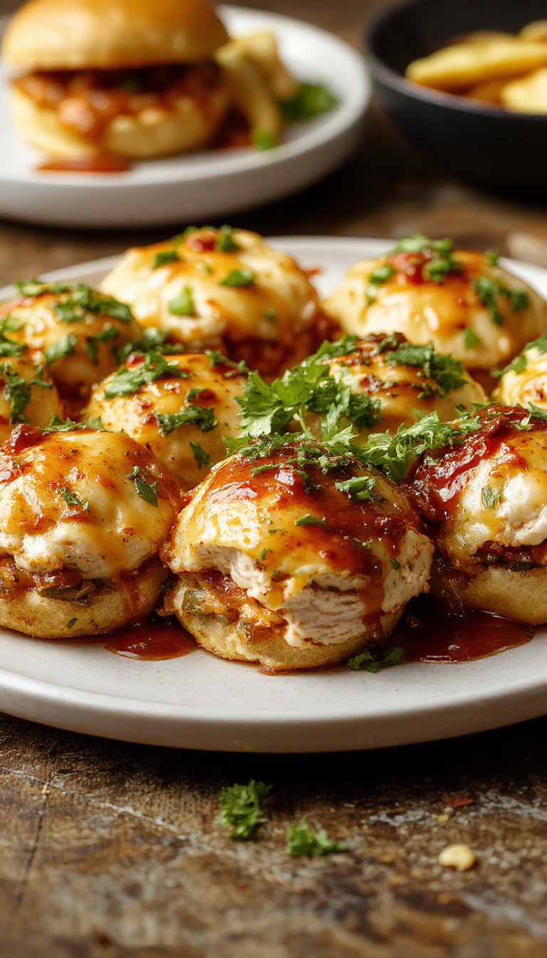 A close-up of mini chicken slider bites arranged on a platter, topped with fresh herbs and colorful toppings, showcasing their juicy and flavorful appearance.