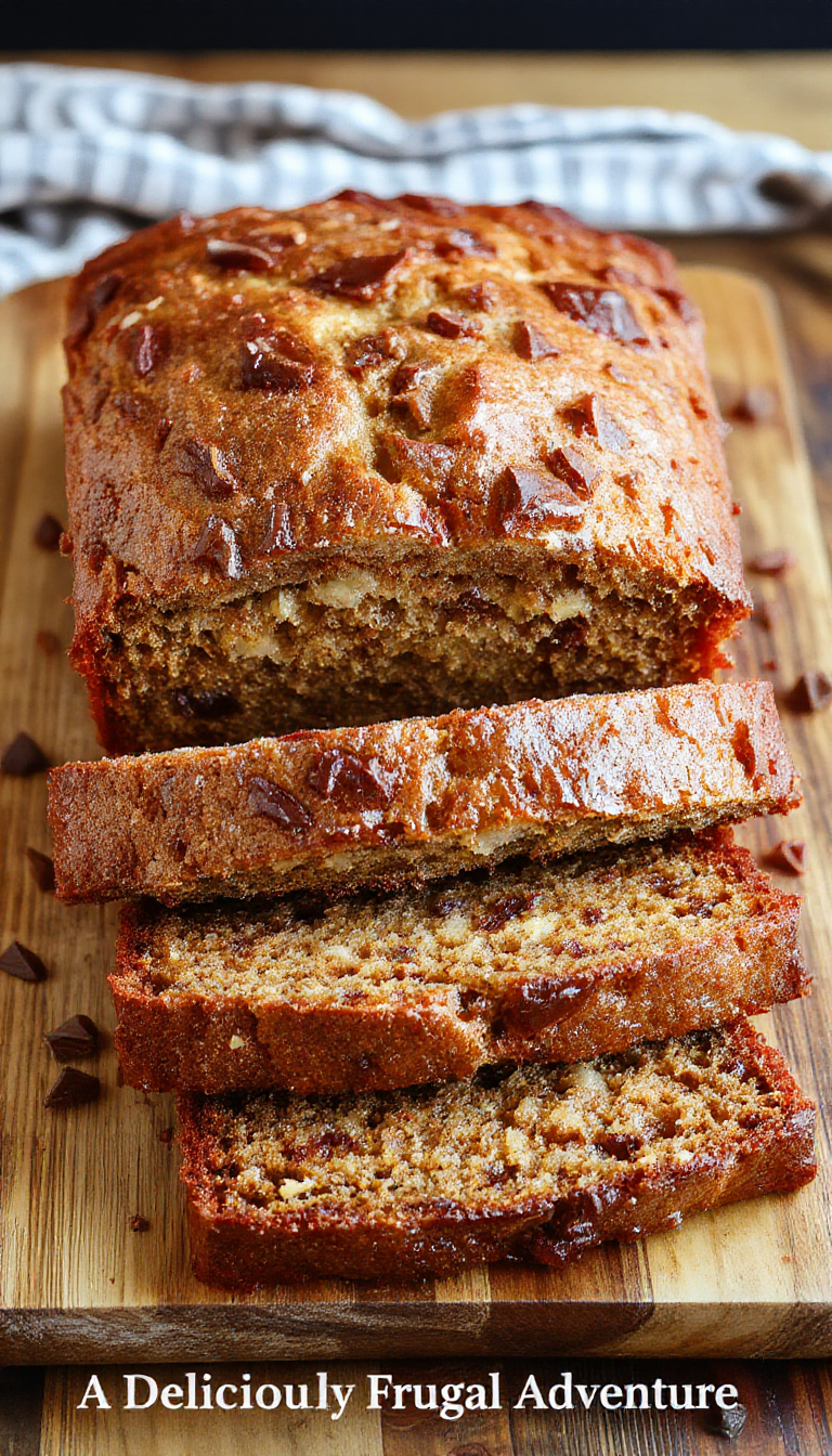 A freshly baked cafe-style banana bread sliced on a rustic wooden board, with a golden crust and slices revealing moist banana chunks inside.