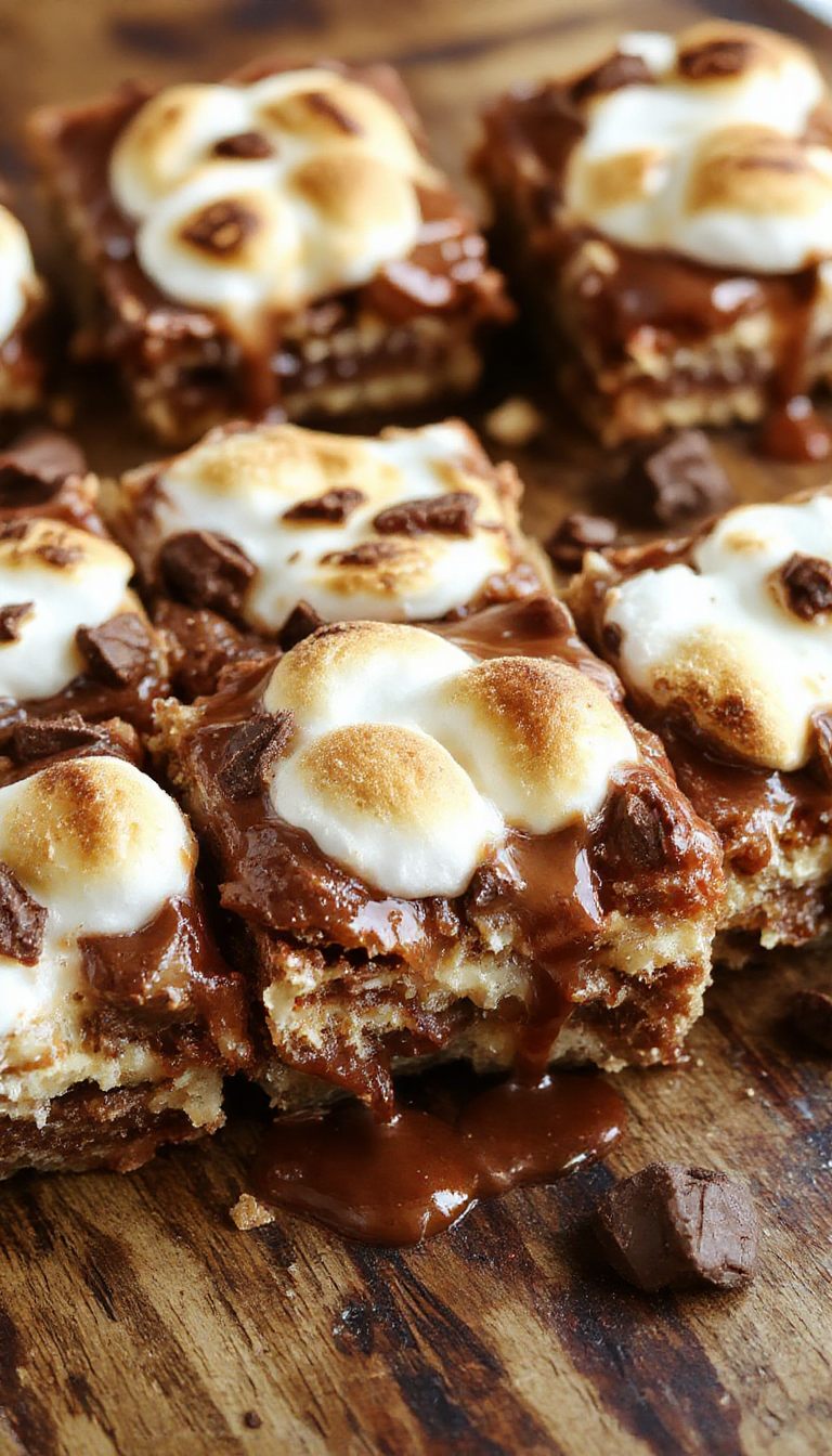 Delicious Campfire Delight S'mores Bars with gooey marshmallows, crispy graham cracker crust, and melting chocolate, perfect for outdoor camping treats.