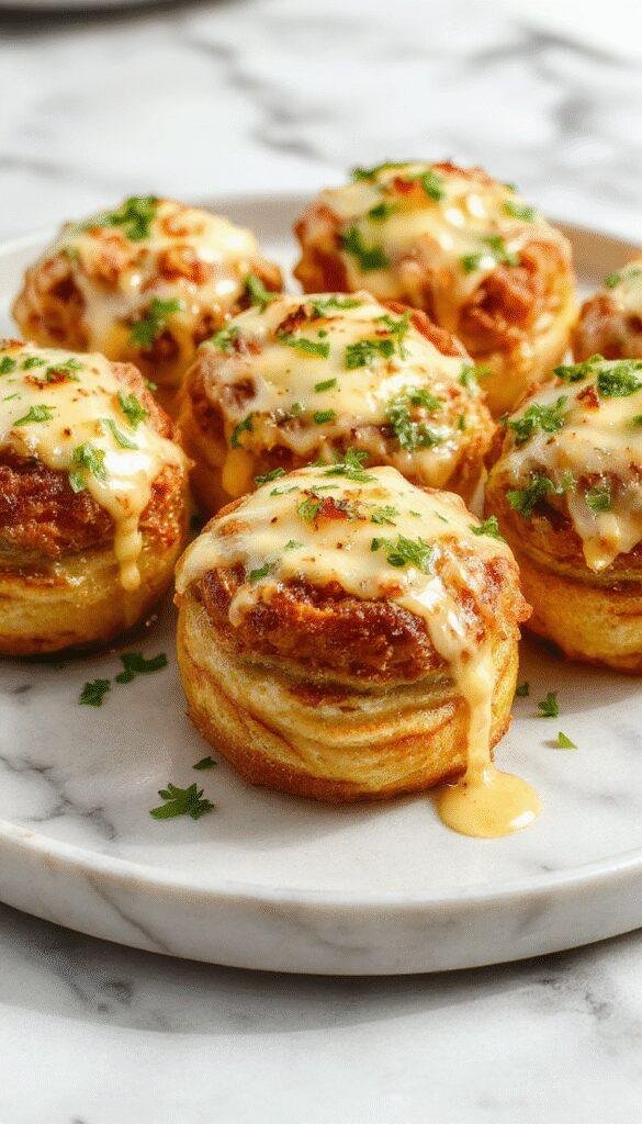 A close-up of golden-brown cheeseburger rollups topped with melted cheese and fresh parsley, arranged on a rustic wooden platter. The rollups reveal savory beef filling and gooey cheese inside, with glistening garlic butter drizzle and vibrant green herbs adding contrast.