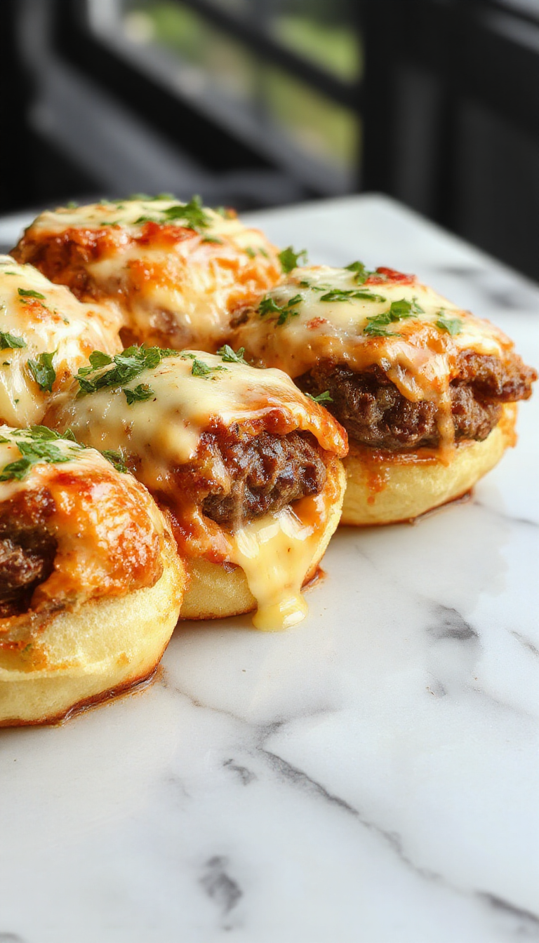 A close-up of golden-brown cheeseburger rollups garnished with chopped parsley on a rustic white plate. The rollups are sliced to reveal melted cheese, juicy beef, and toppings inside, with a drizzle of garlic butter and a sprinkle of herbs on top. The background features a wooden table with fresh ingredients like garlic, cheese, and lettuce, styled to highlight the savory, cheesy, and crispy textures.
