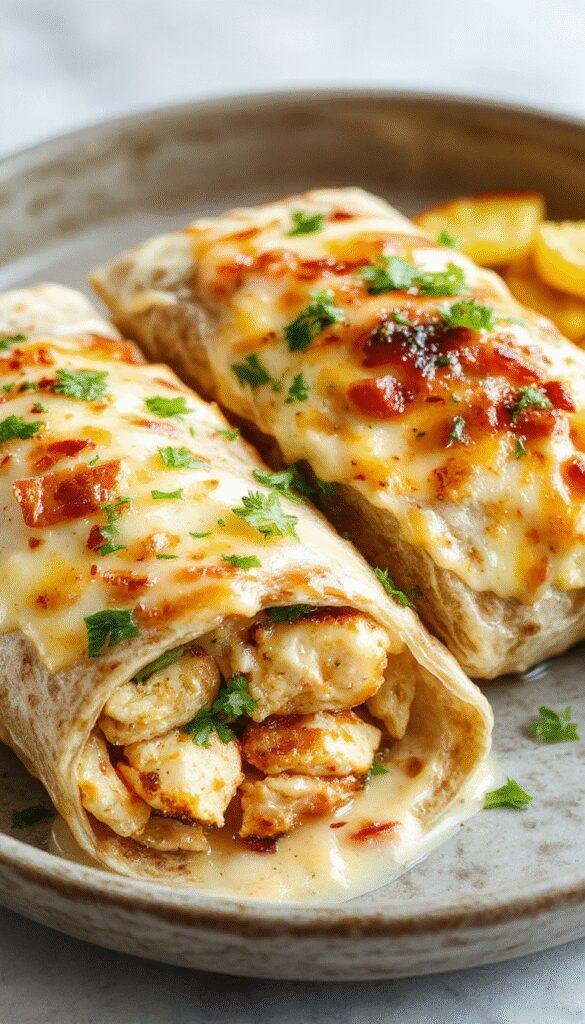 Close-up of cheesy garlic chicken wraps filled with melted cheese, crispy chicken pieces, and fresh greens rolled in a soft tortilla.