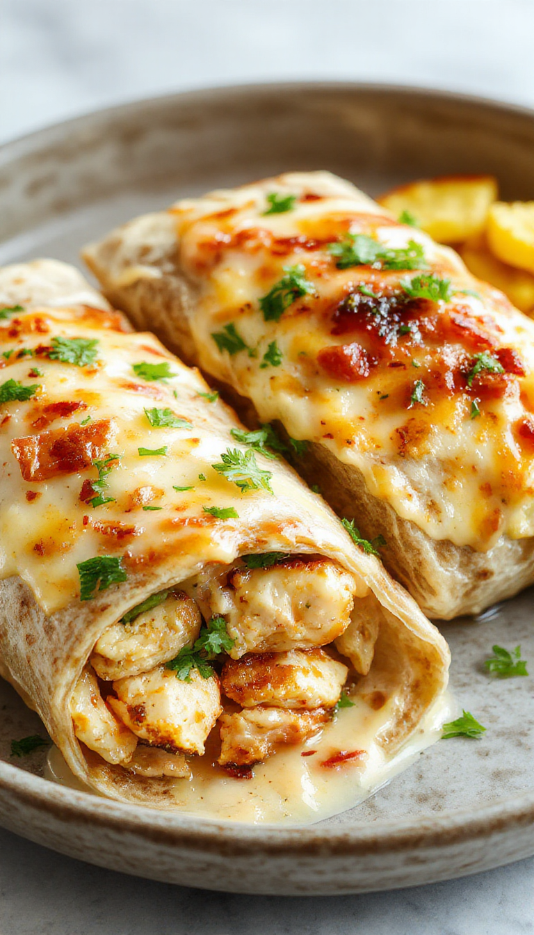 A close-up of cheesy garlic chicken wraps sliced open to reveal melted cheese, seasoned chicken, and crisp lettuce inside a golden tortilla.