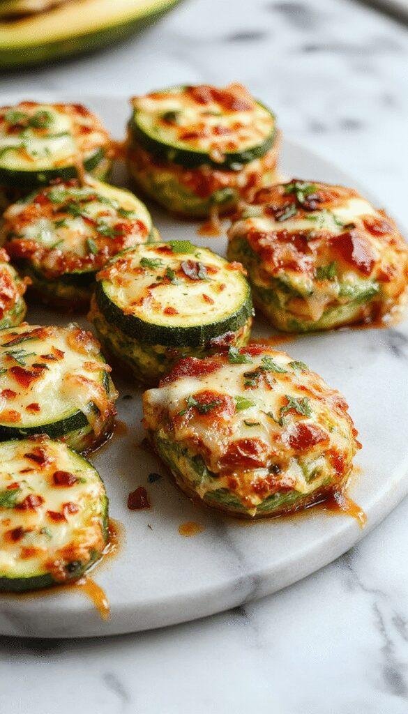 A vibrant zucchini pizza casserole in a glass baking dish topped with melted cheese, crispy edges, and sprinkled with fresh herbs. The casserole showcases layers of zucchini slices, tomato sauce, and melty cheese, with a golden-brown crust around the edges. The background features a rustic wooden table with a spoon, and fresh basil leaves garnish the dish for a colorful presentation.