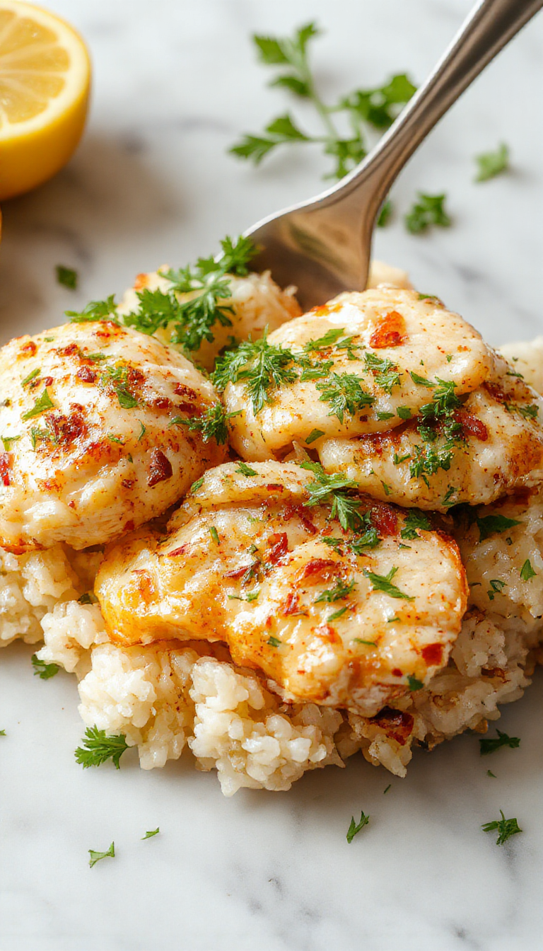 A close-up of tender shredded chicken coated in a vibrant lemon herb sauce, presented atop a bed of fluffy white rice in a white ceramic dish garnished with fresh herbs and lemon slices, with a background of a rustic wooden table and natural light highlighting the glossy texture and colorful herbs.
