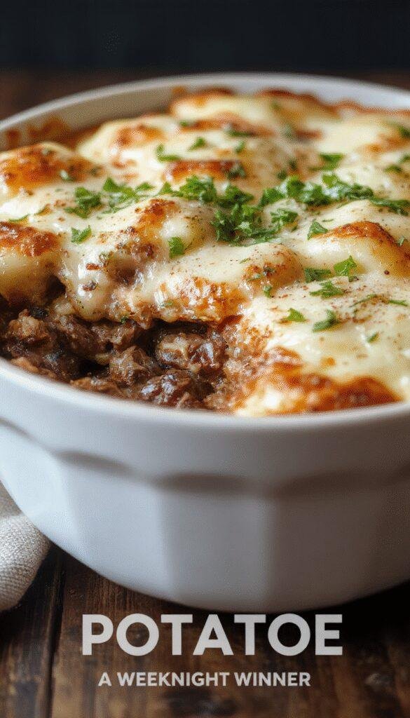 A hearty beef and potato bake in a baking dish, topped with golden melted cheese, surrounded by fresh herbs and cooked vegetables.