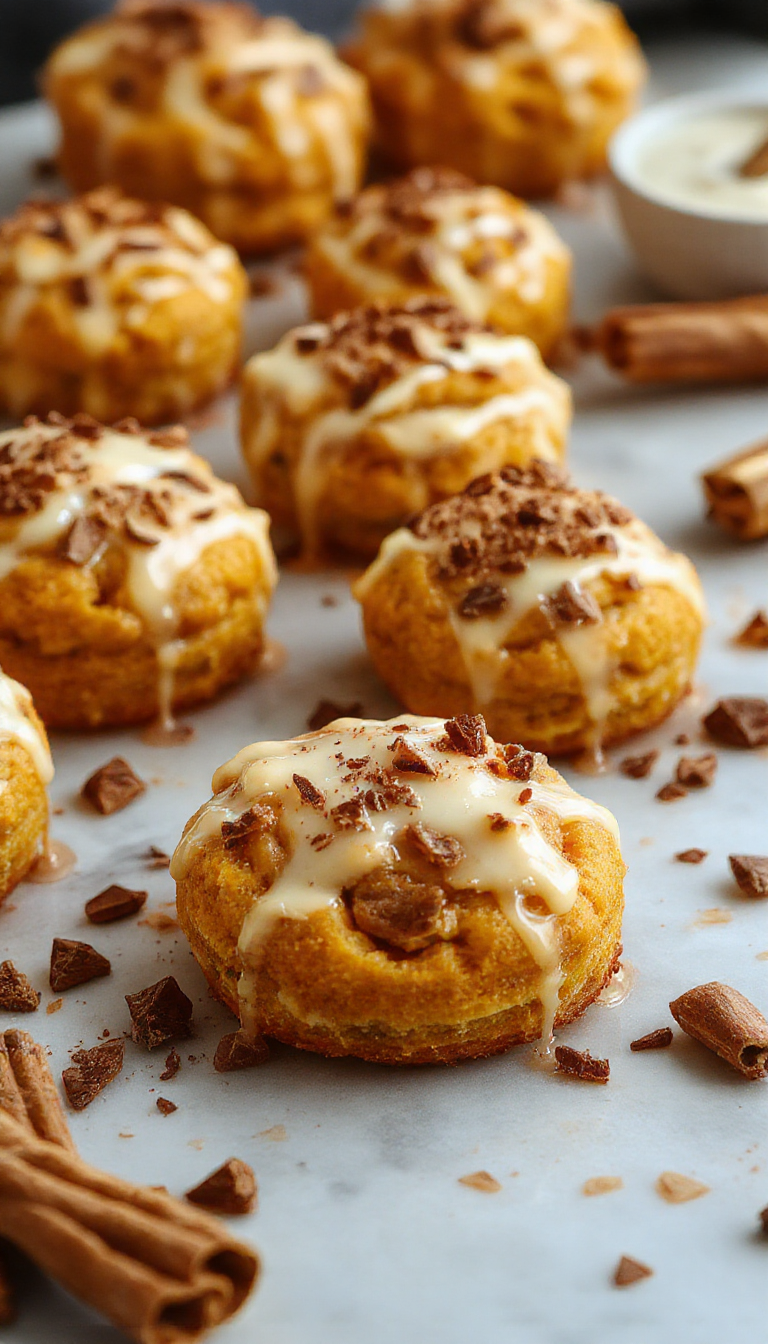A plate of cozy autumn pumpkin delights glazed with cinnamon, garnished with cinnamon sticks and autumn leaves, on a rustic wooden table.